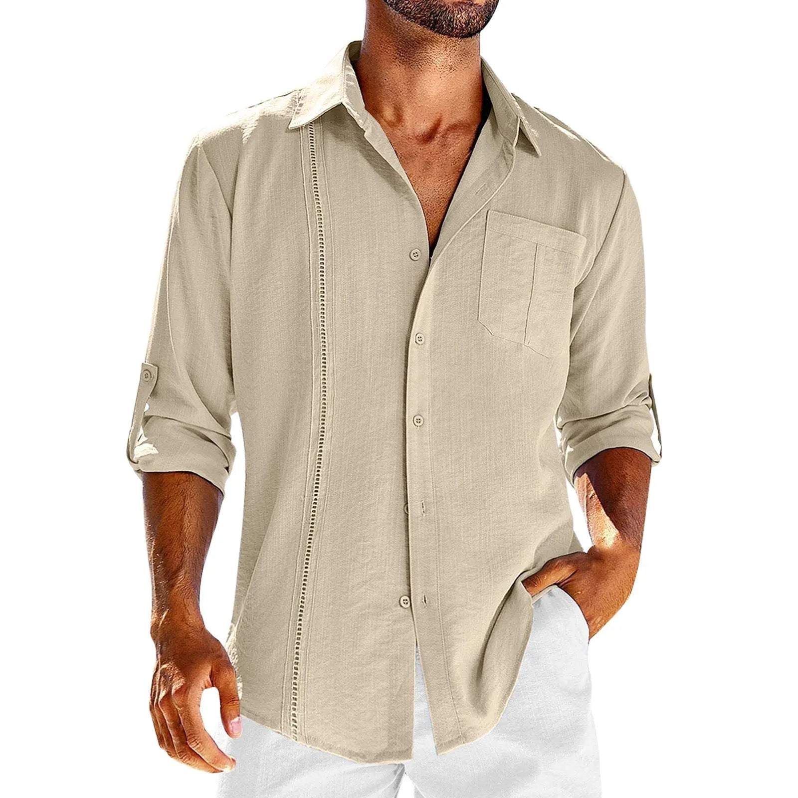 Men's grey long sleeve shirt with polo collar lace detail and button front.