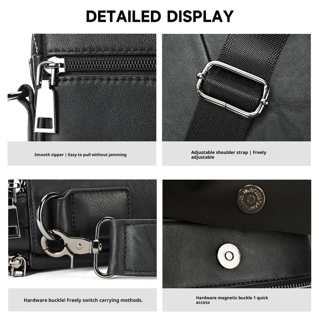 Black genuine first layer cowhide leather messenger bag measuring 19x8x24cm with slung strap