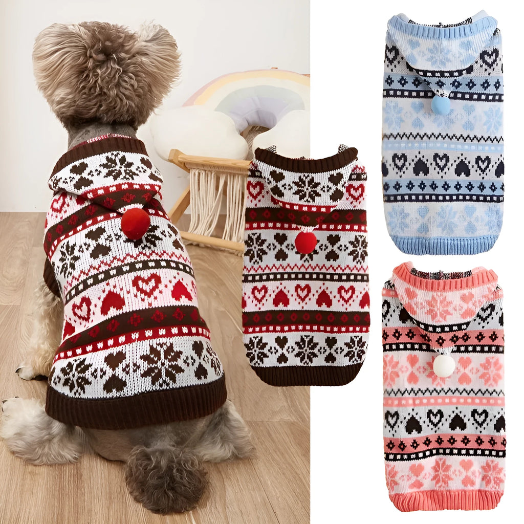 Knitted acrylic dog sweater with striped camouflage pattern and snowflake love design for small breeds