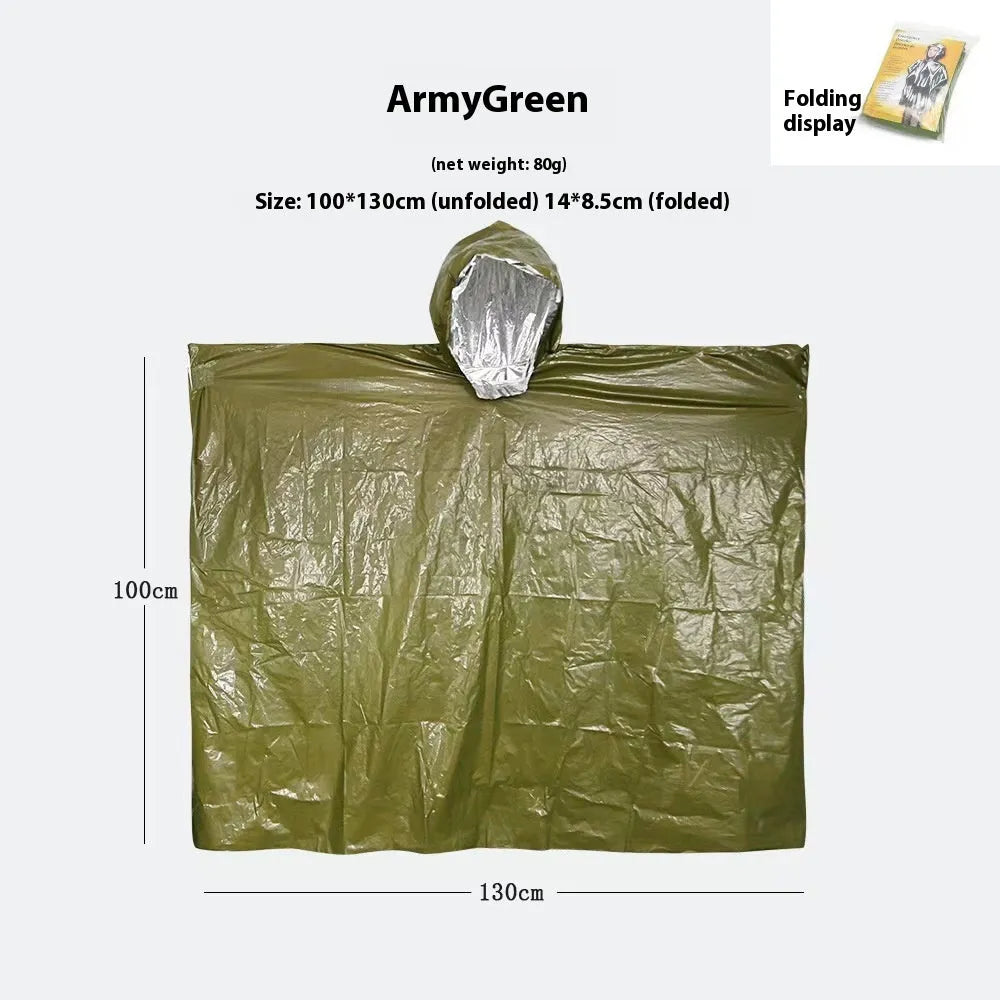Orange or army green Marathon raincoat laid flat showing its 100x130cm size for one person.