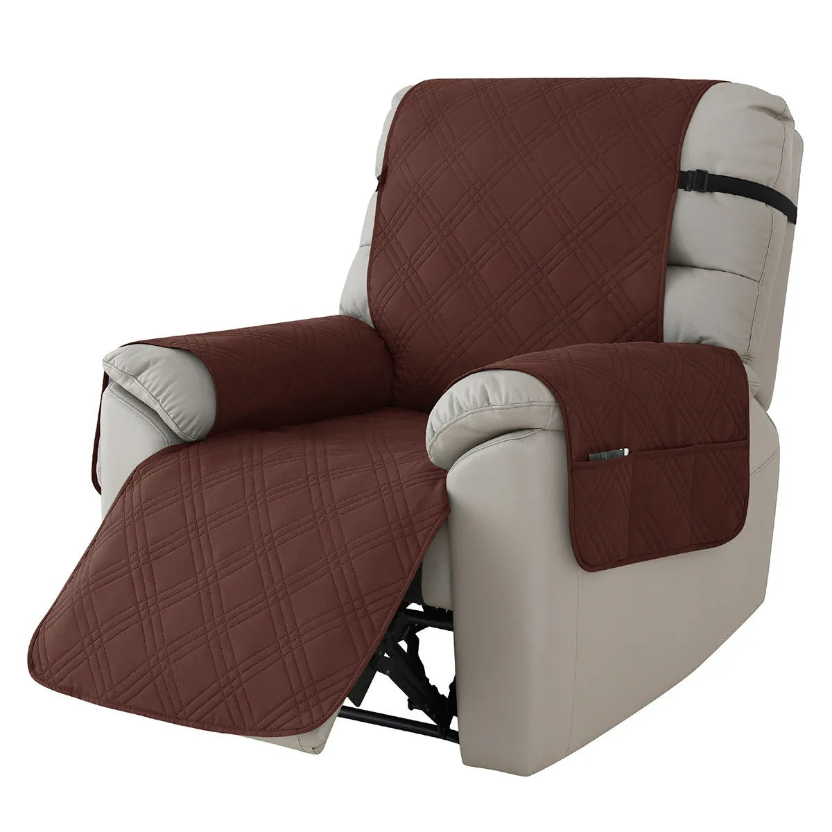 Quilted burgundy waterproof sofa cover fitted on a Chivas massage chair, American country style.