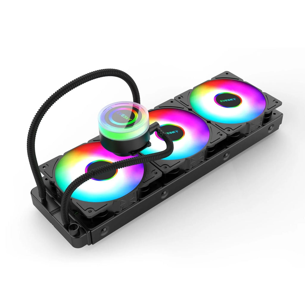 CPU radiator cooling fan with RGB lighting effects and aluminium construction in multiple size options