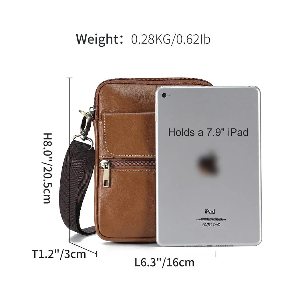 Men's brown genuine leather crossbody shoulder bag showing sewing line detailing