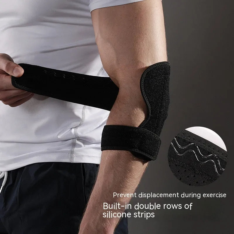 A black adjustable sports elbow guard worn on an arm, suitable for badminton and basketball.
