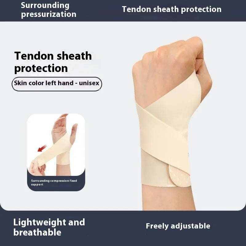 Adjustable black athletic wristguard worn on a wrist, suitable for sports like badminton and tennis.