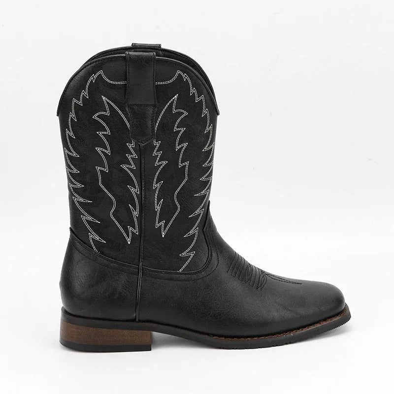 Men's western denim square toe motorcycle boots in black artificial leather with mid-calf length