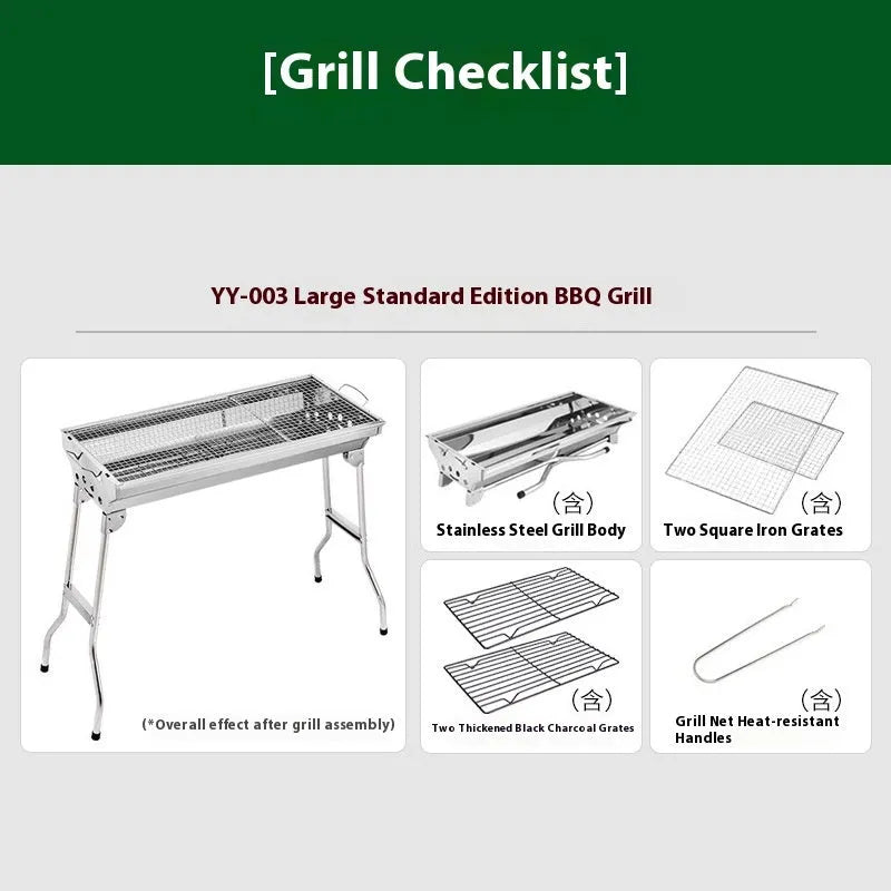 Large stainless steel portable barbecue oven with charcoal stove and cooking accessories