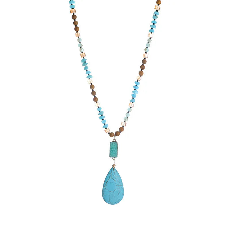 Blue turquoise heart-shaped drop pendant necklace on a long ball bead chain