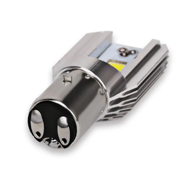 Motorcycle LED headlight unit with aluminium housing, showing connector for BA20D or H4 sockets.