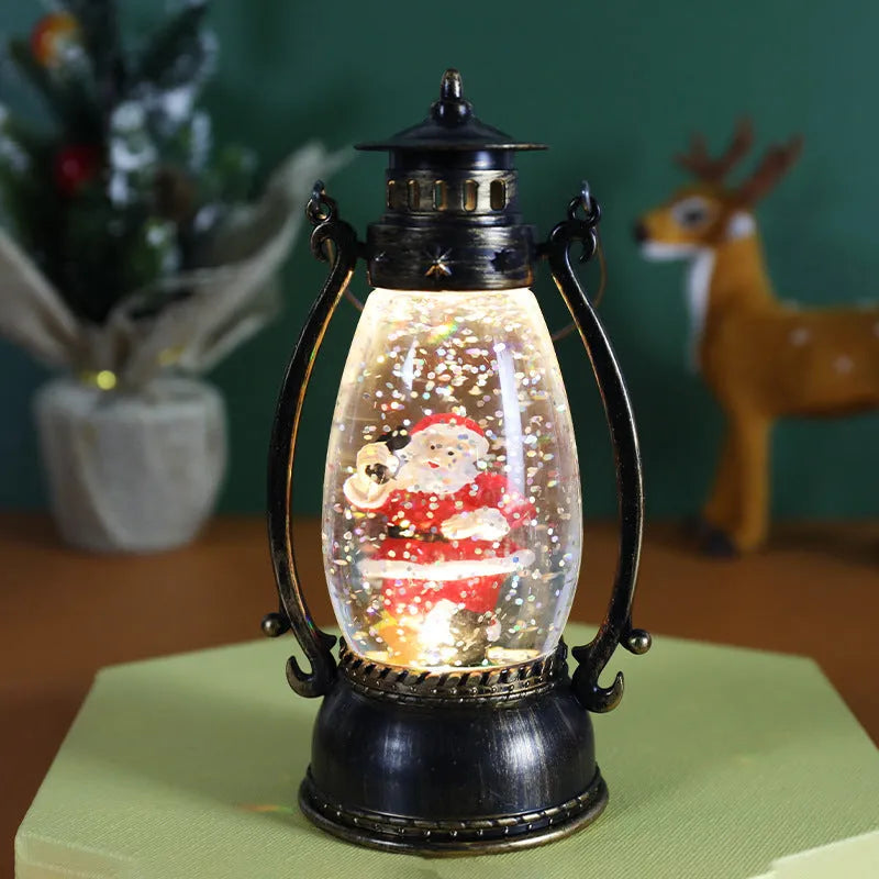 Crystal ball Christmas lamp with illuminated snowman figure inside, on a wooden table.