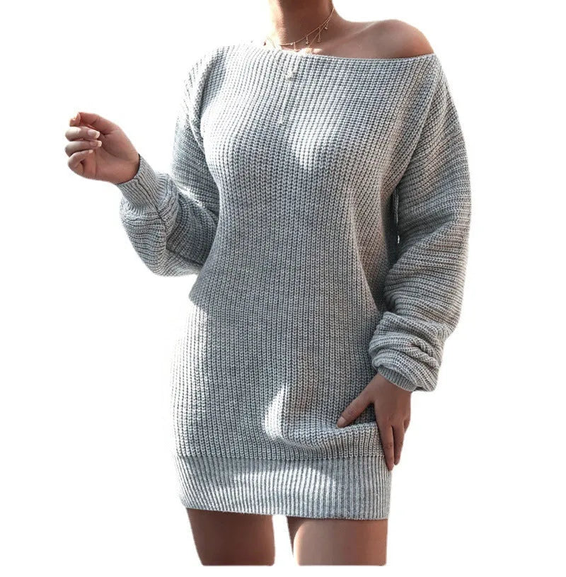 Women's off-the-shoulder knitted sweater dress with lantern sleeves in solid colour