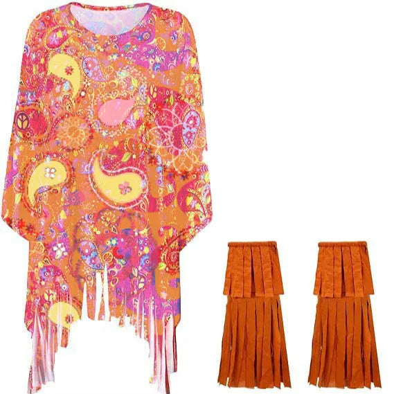 Colourful tie dye printed sleeveless cloak costume for Halloween, shown in rainbow colours.