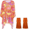 Colourful tie dye printed sleeveless cloak costume for Halloween, shown in rainbow colours.