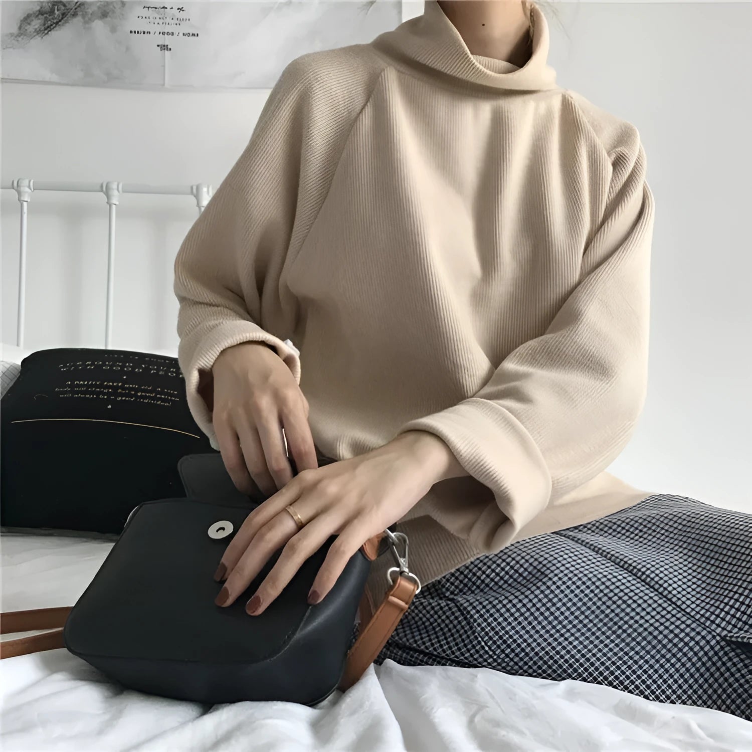 Women's plain colour loose fit long sleeve top with half-high collar in apricot, white, or black