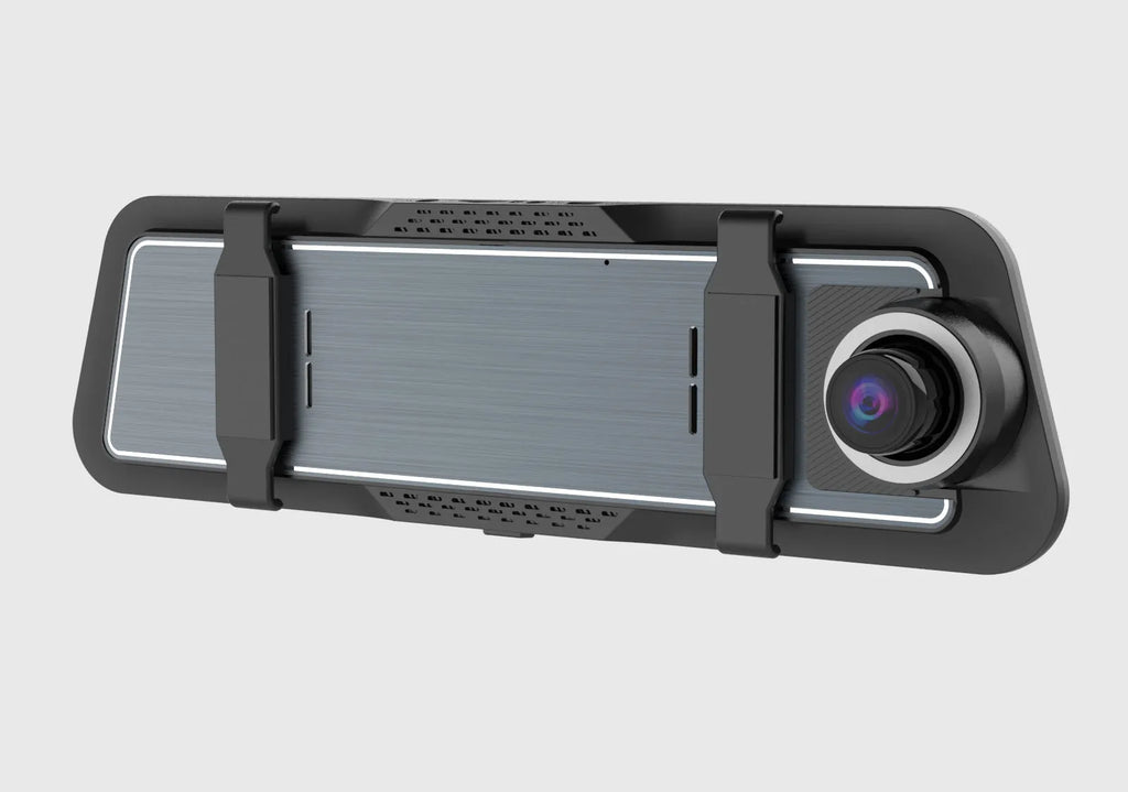 Black dual-lens driving recorder with 9.66-inch screen mounted on a car rearview mirror.