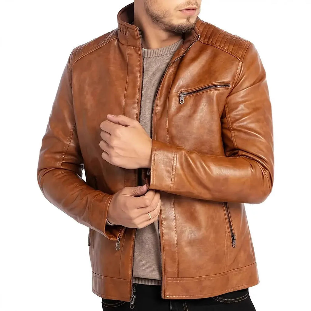 Men's brown artificial leather punk motorcycle jacket with stand collar and straight hem.