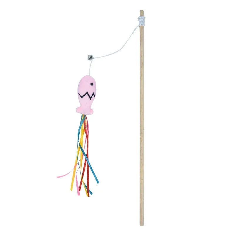 Interactive cat wand toy with wooden handle, colourful ribbons, catnip fish, and a bell.