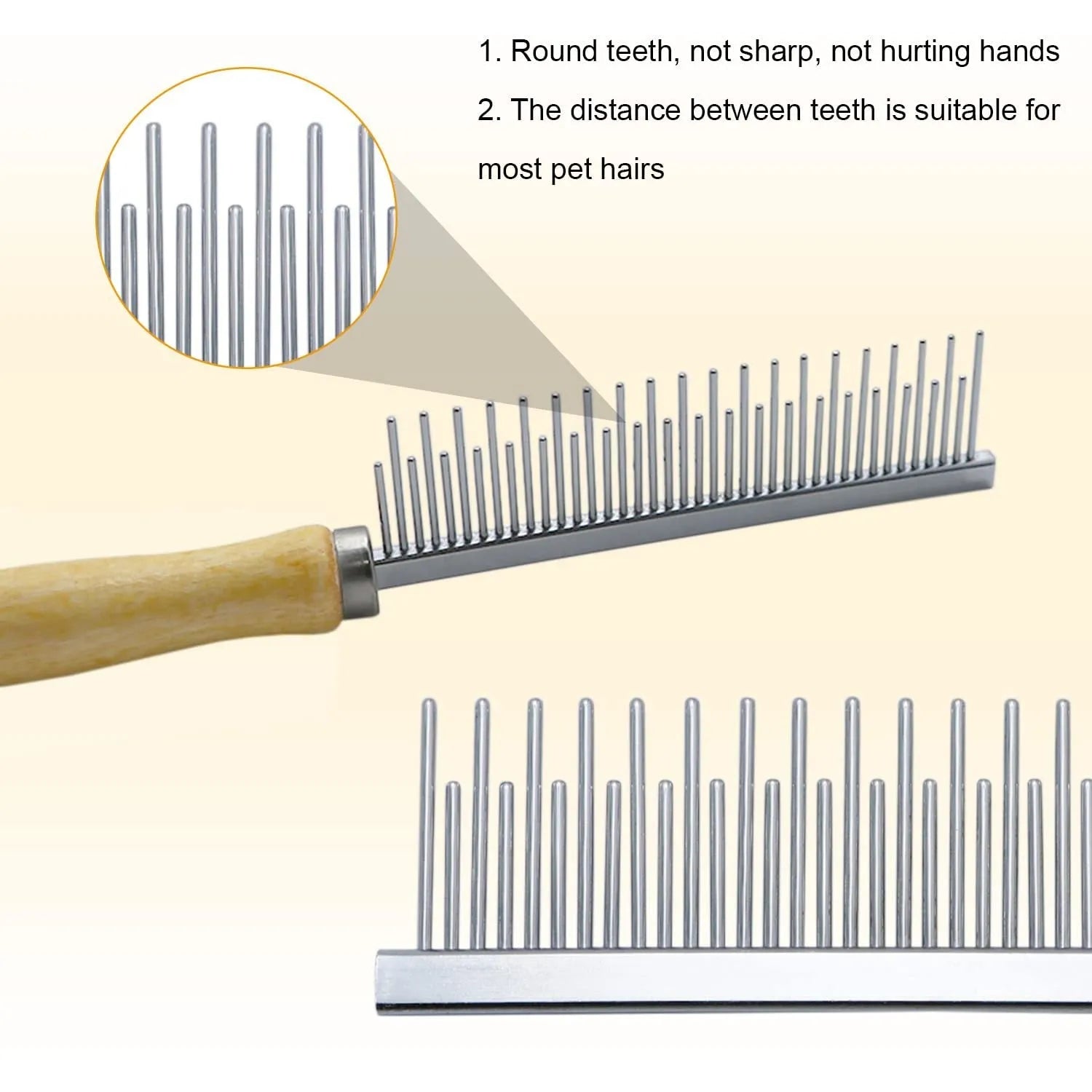 Wooden handle pet grooming comb for dogs and cats with smooth polished needles