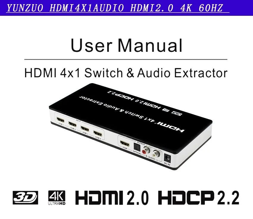 Black HDMI switch unit with four input ports, one output port, remote control, and UK plug power adapter.