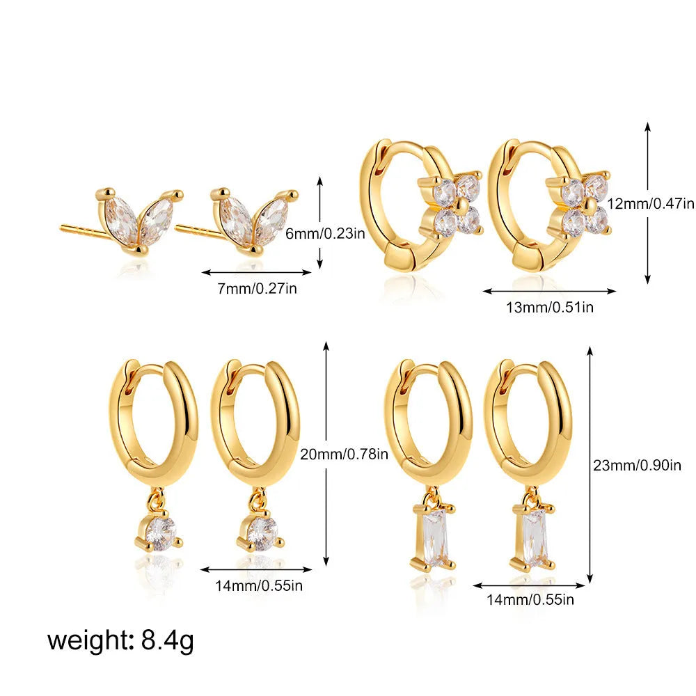 Copper electroplated geometric earring set with star designs in gold or silver tone options