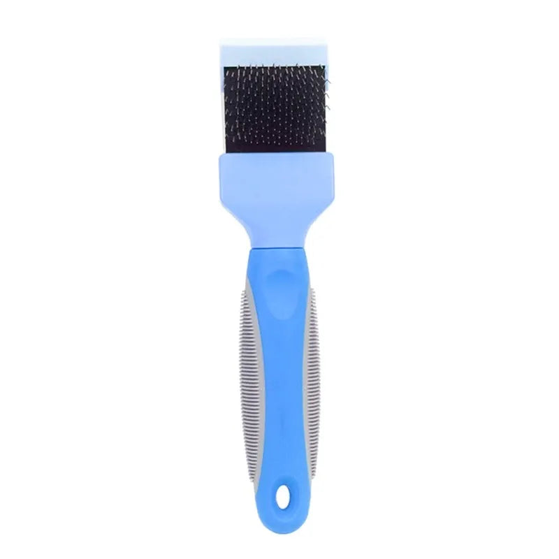 Double-sided stainless steel pet brush with blue handle showing both flexible and firm pin sides
