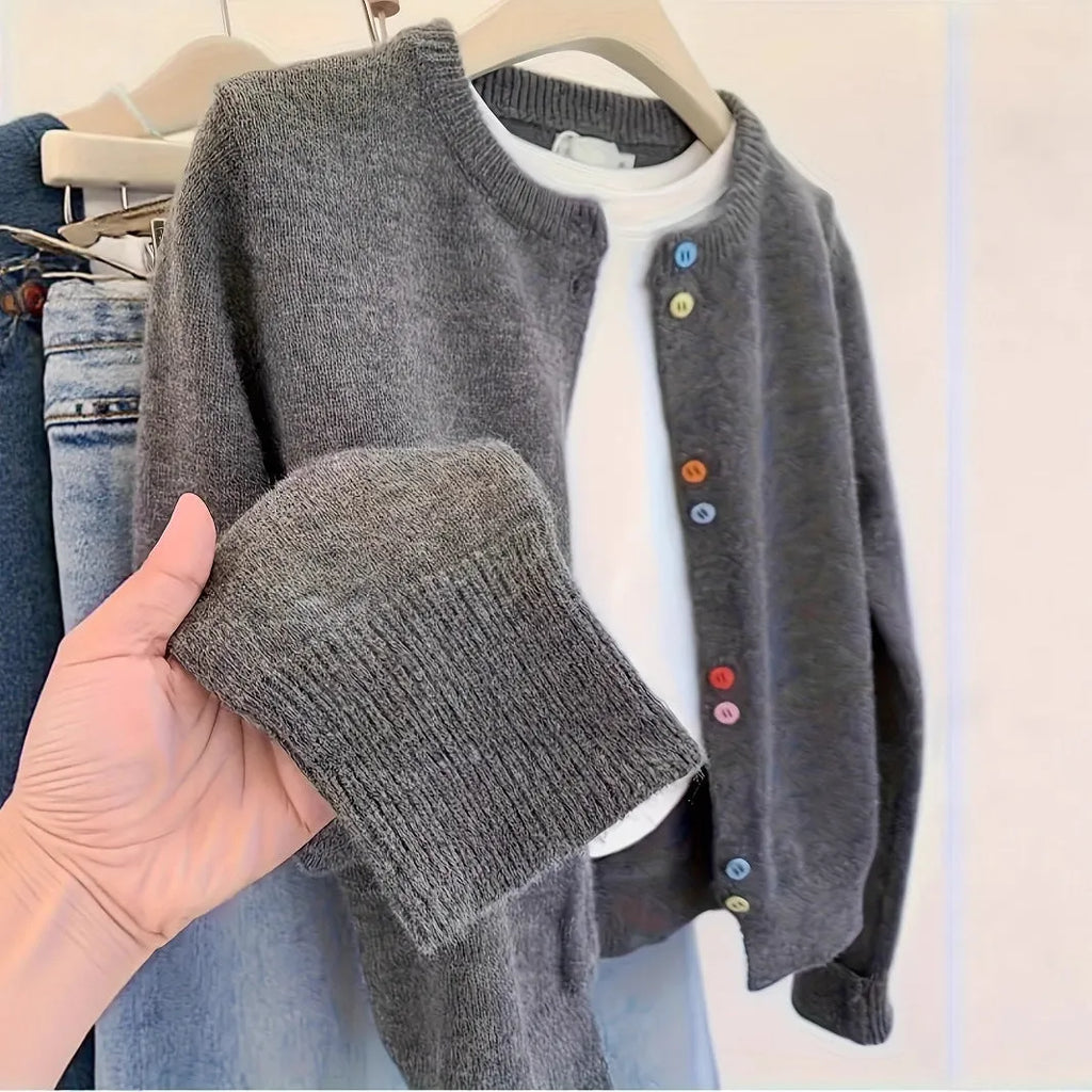 Women's dark grey polyester cardigan with button front and regular long sleeves