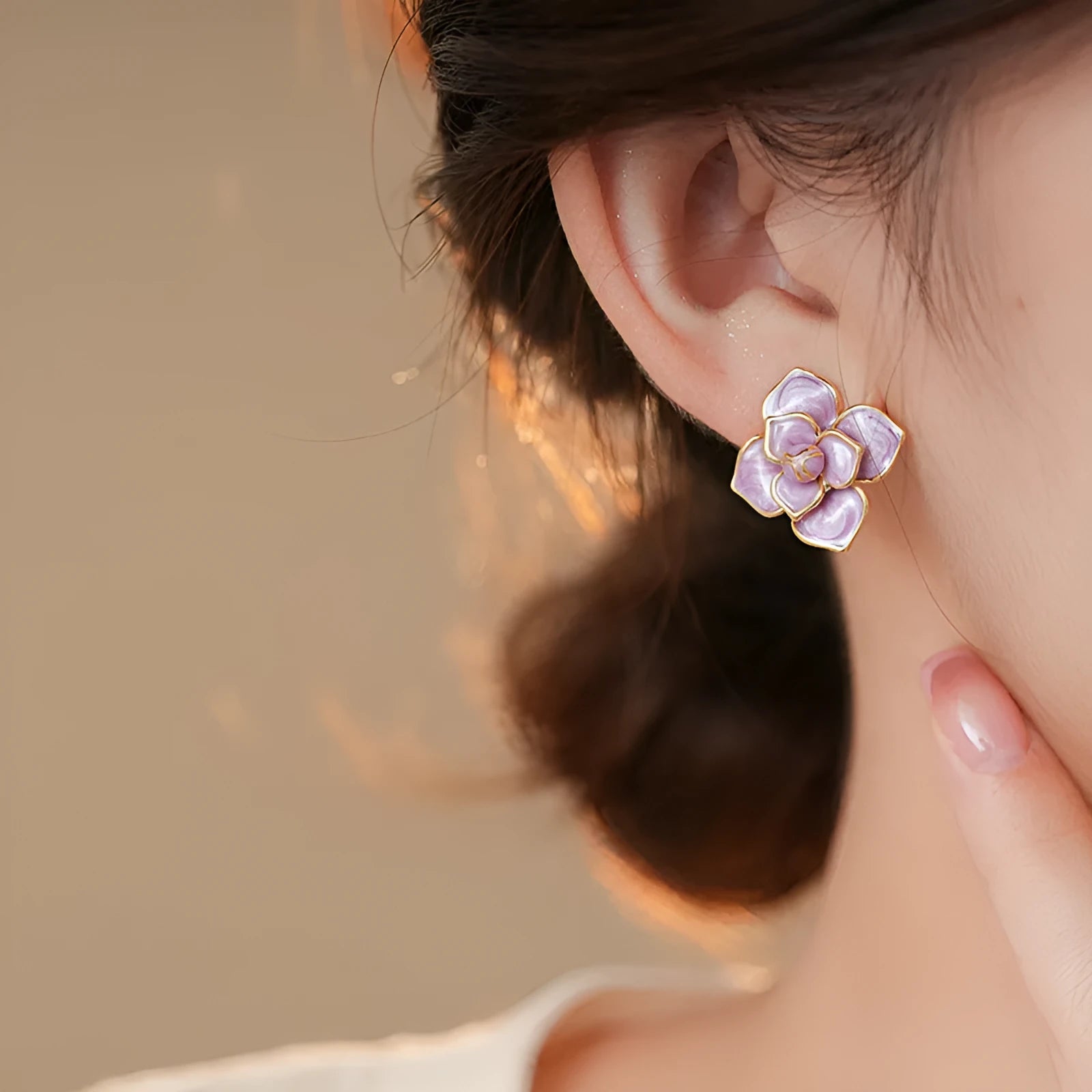 Purple oil-spot glaze flower stud earrings with gold-plated silver needle design on copper base