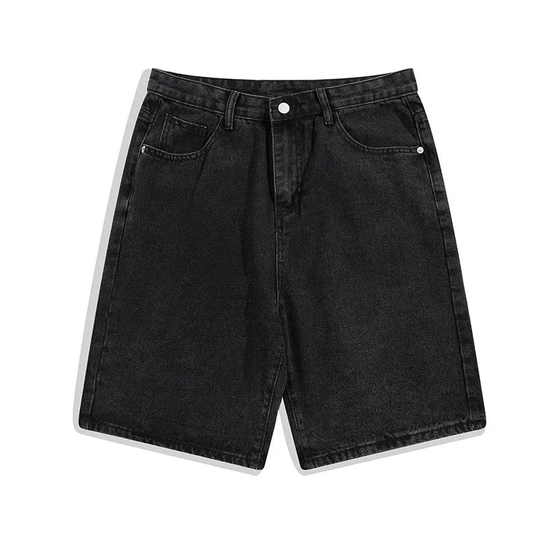 Men's light blue denim shorts with five pockets and straight leg cut on mid-waist fit