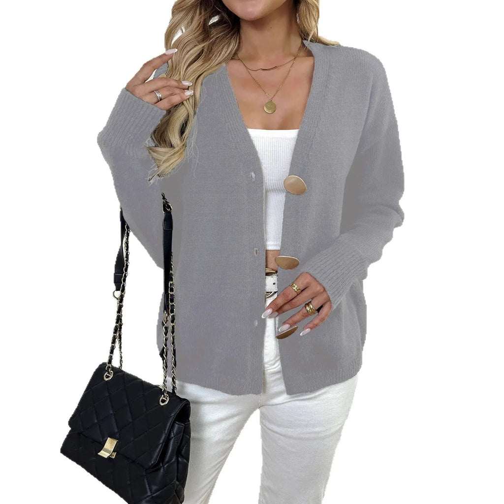 A grey women's long sleeve deer plush sweater coat with princess sleeves in a street hipster style.