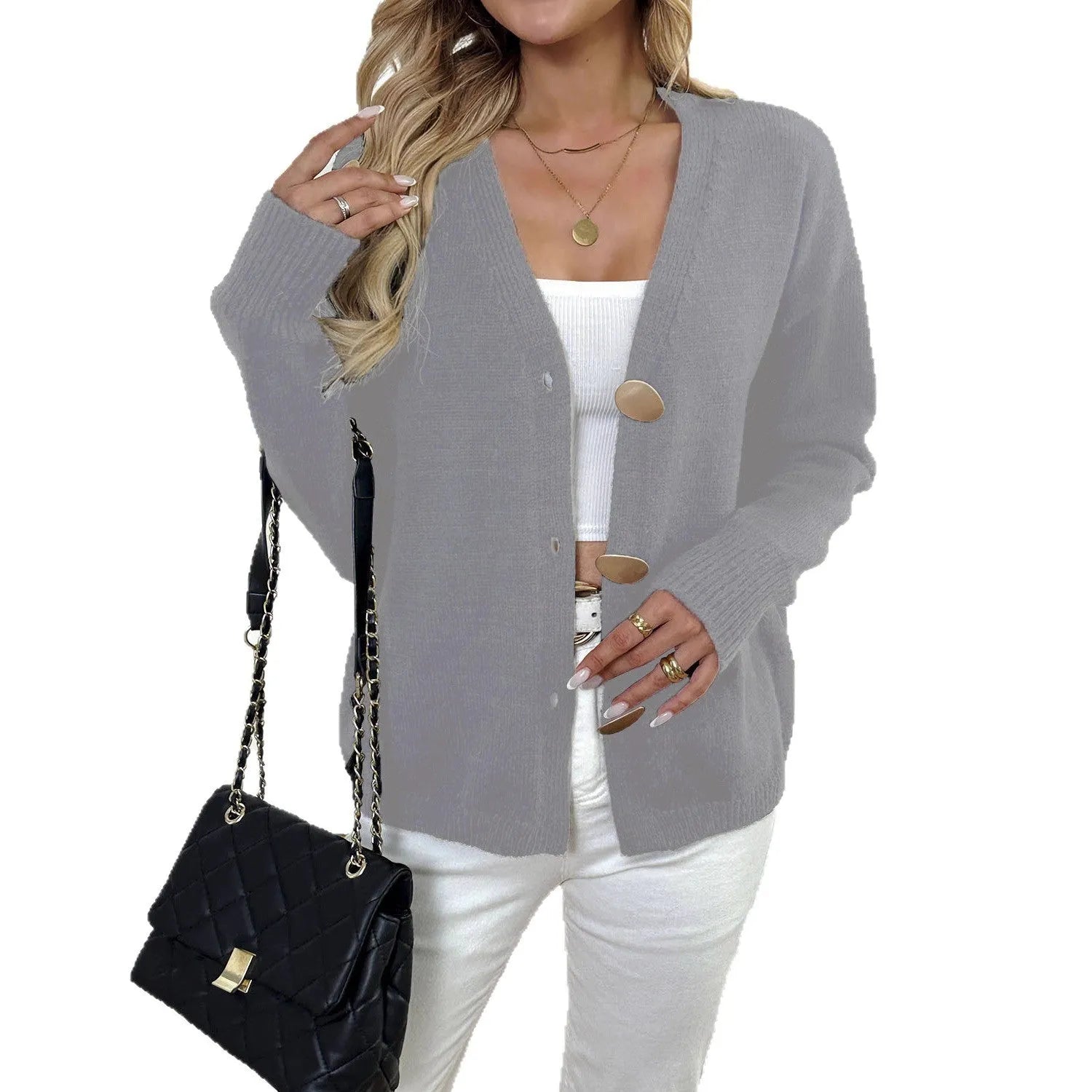 A grey women's long sleeve deer plush sweater coat with princess sleeves in a street hipster style.