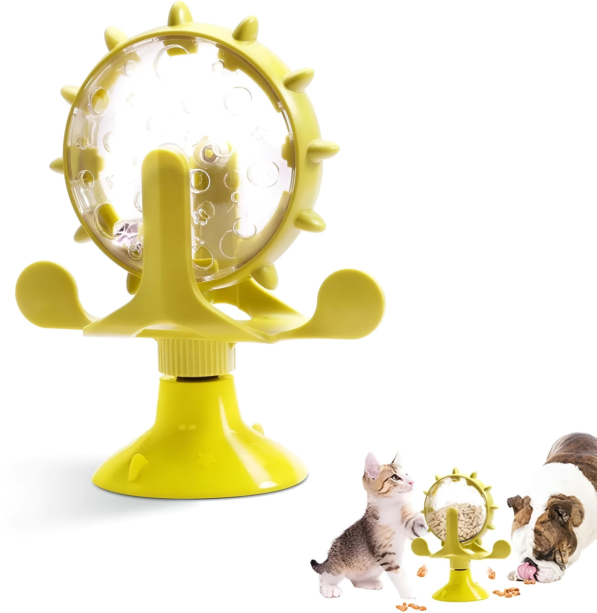 Blue interactive spinner puzzle toy for cats and dogs with suction base on a floor.