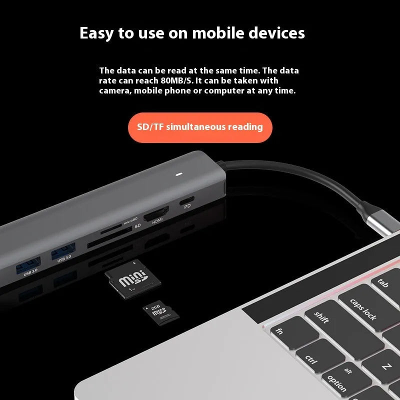 LQT-LH07 7-in-1 USB-C hub with HDMI port, USB-A ports, and SD/TF card reader slots for laptops.