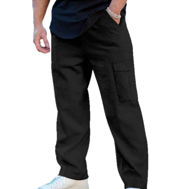 Men's corduroy cargo trousers in straight-leg design with drawstring waist available in multiple colours
