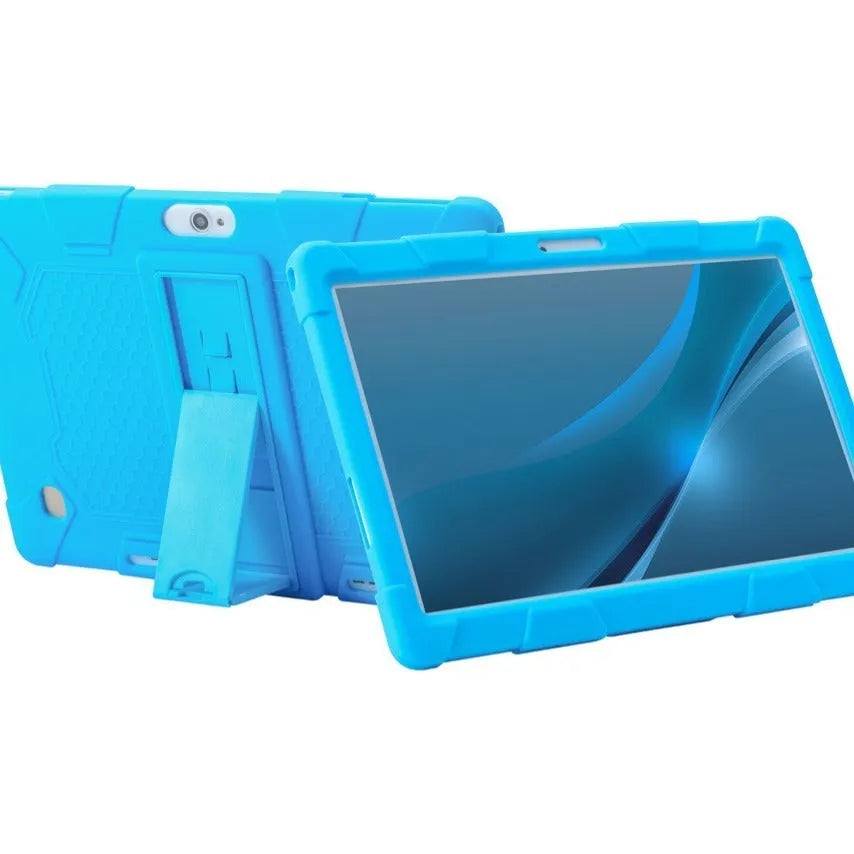Pink silicone protective case with stand for a 10.1-inch tablet on a table.