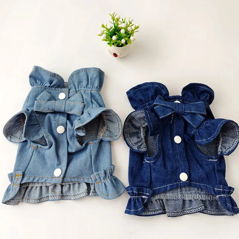 Dark blue denim pet dress with ruffles and a back leash hook for dogs