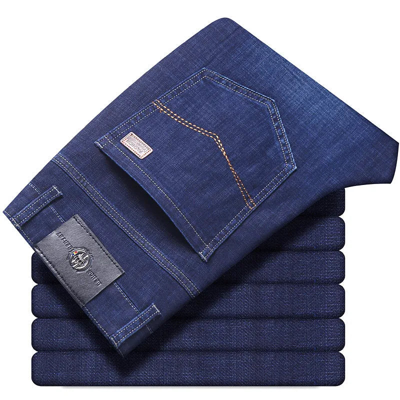 Women's black and blue stretch denim jeans with straight leg design for business casual plus size wear