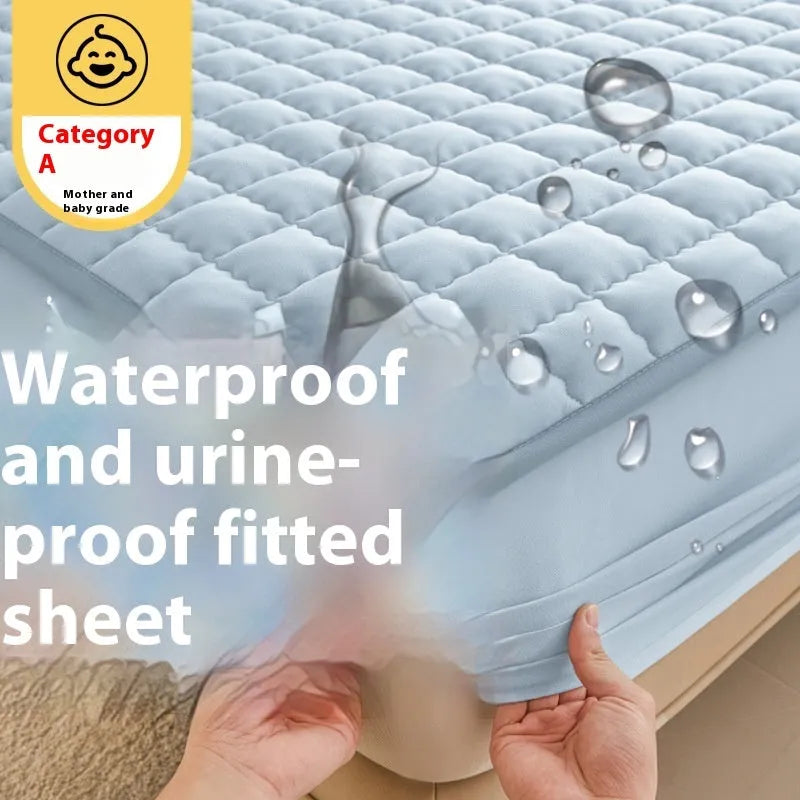 A washed cotton waterproof fitted sheet in a neutral colour, shown fitted neatly on a mattress corner.
