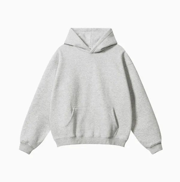 A loose-fit men's hooded sweater in 450g terry cotton with drop shoulders, shown in a solid colour.