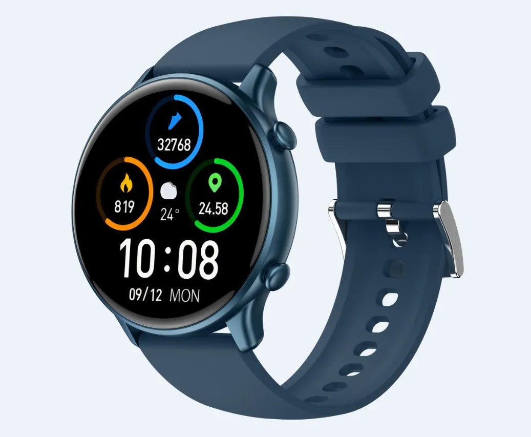 Round smart sports watch with touch screen and silicone strap showing heart rate display