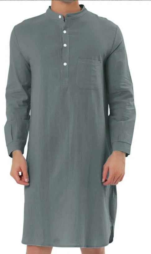 Men's button-front shirt robe in a cotton blend fabric with two front pockets