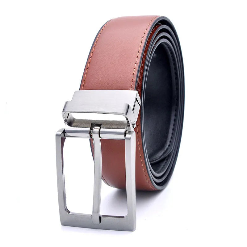 Men's rotating pin buckle leather belt in dark brown with genuine leather strap
