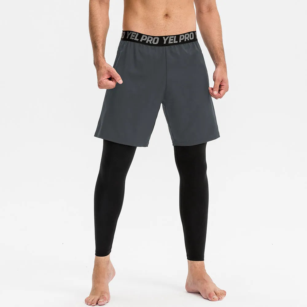 Men's tight fitness pants in grey polyester spandex fabric, shown in a running pose.