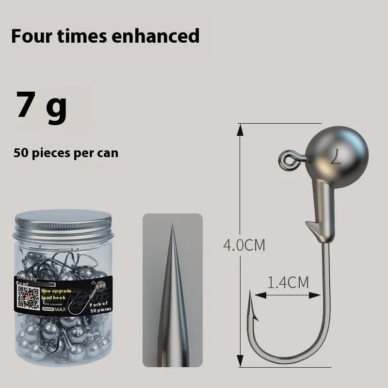 Set of 50 enhanced fishing jig hooks with lead heads and 4-times strengthened steel construction