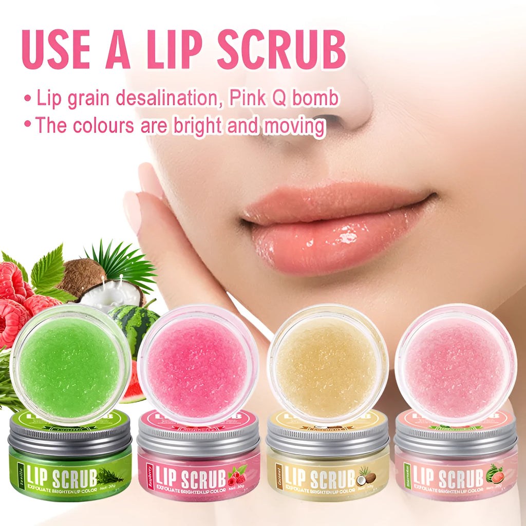 Amatoni fruit flavour lip scrub cream pot in 30g size with coconut, raspberry, vanilla, or watermelon options