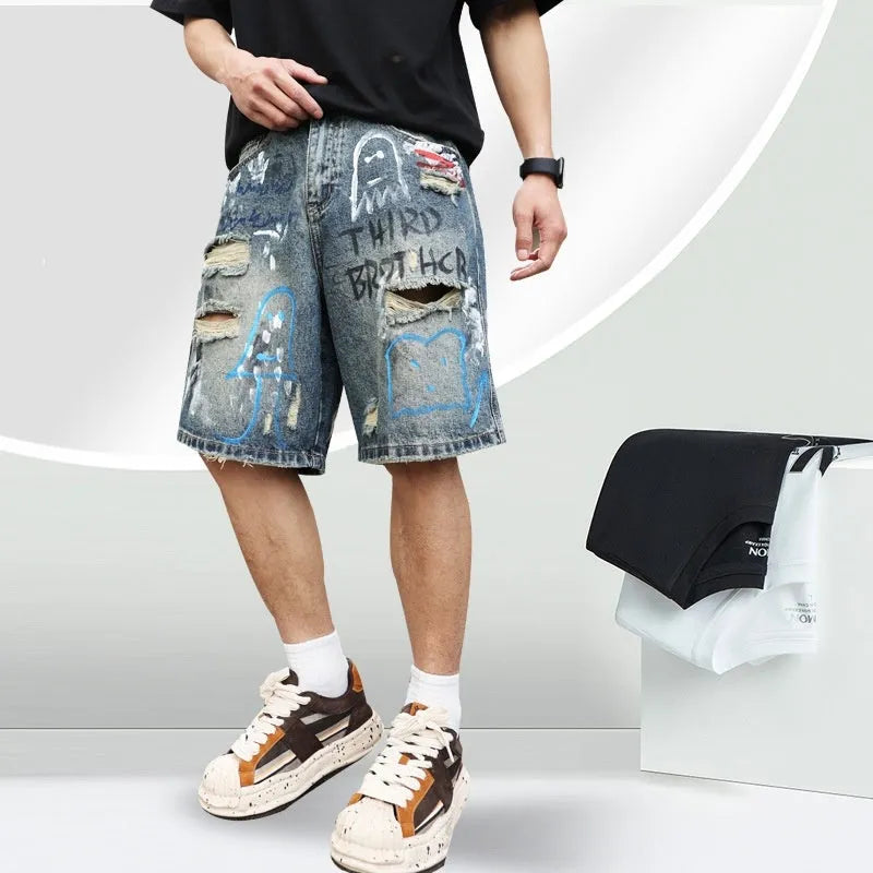 Blue ripped men's denim jeans shorts with a zip fly and straight-leg opening.