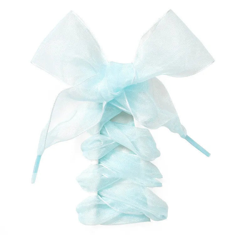 Wide transparent lace shoelaces in multiple solid colours showing 4cm width and length.