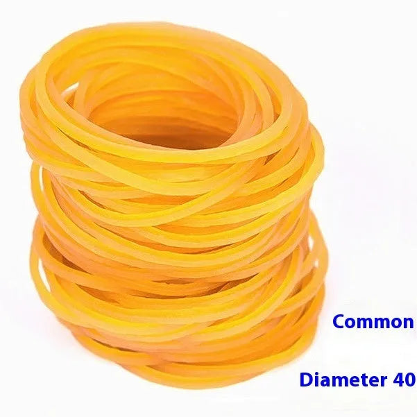 500g pack of assorted size yellow rubber bands on a white background.