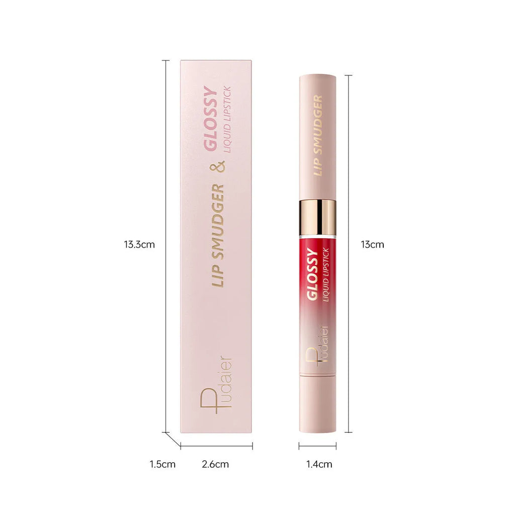 Double-headed lipstick and lip gloss cosmetic product showing matte finish with ten colour options