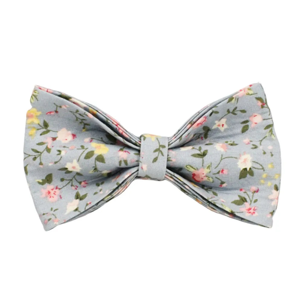 Blue floral polyester cotton dog collar set with matching leash, bow tie and vest accessories