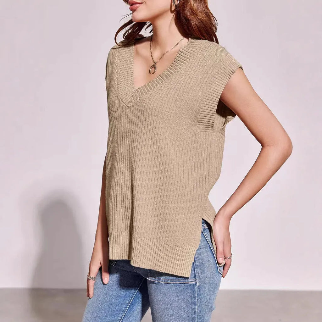 Camel coloured V-neck sleeveless pullover vest with striped pattern and loose fit